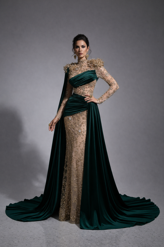 Crystal Tulle Mermaid Evening Dress | High Neck Full Sleeve Sweep Train